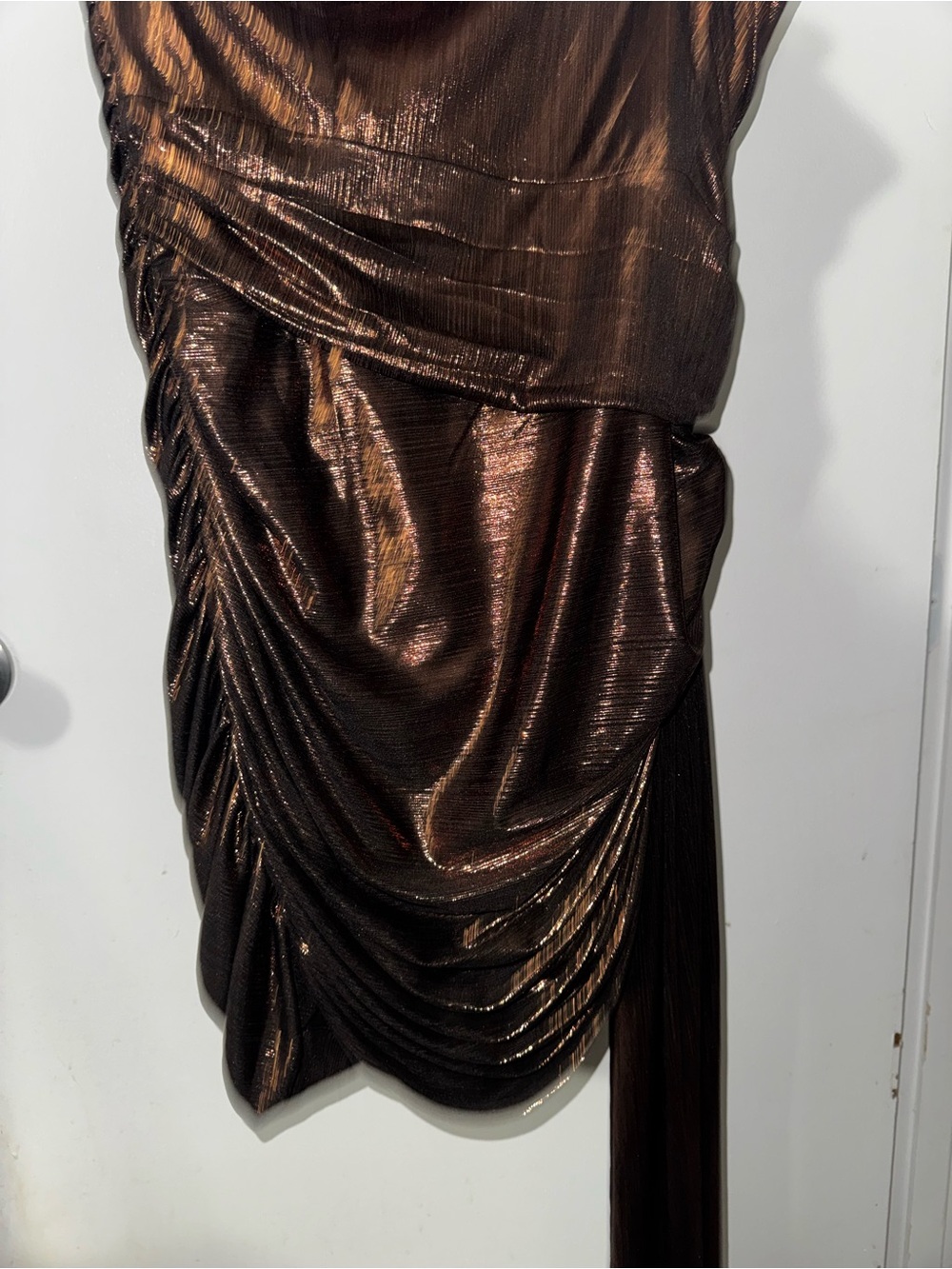 Fashion Nova Metallic Copper Asymmetrical Ruched dress